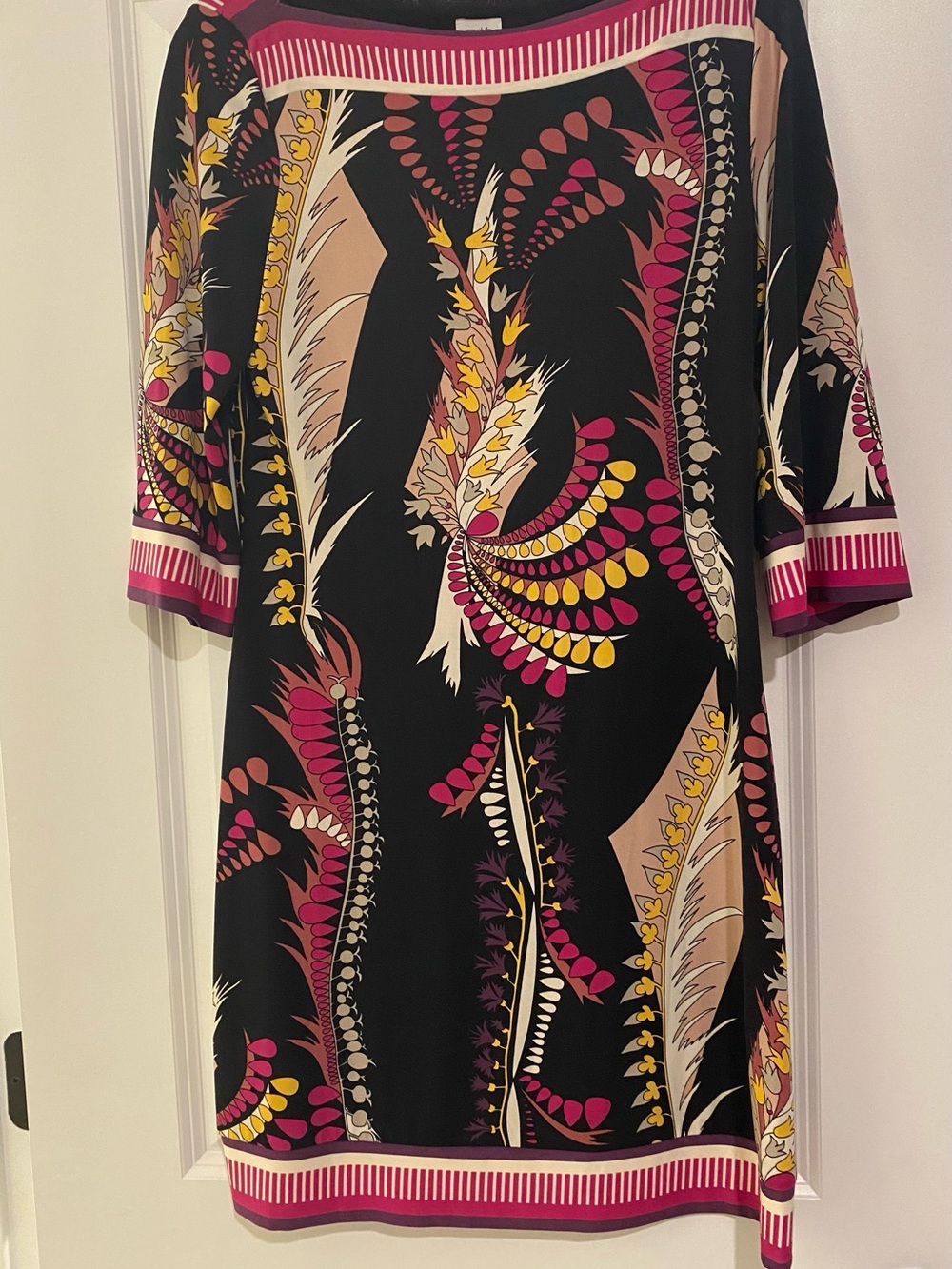 Cache Black Shift Dress with Pink, Yellow & Beige Feather Print